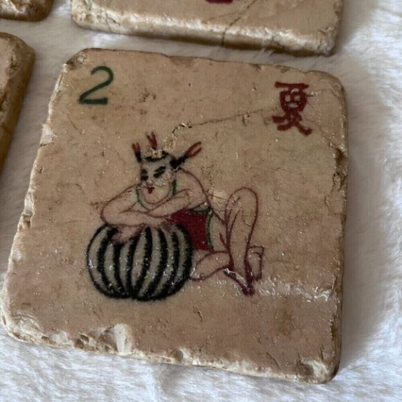 Tumbled Travertine Mahjong Tile Coaster Set - Picture 4 of 9